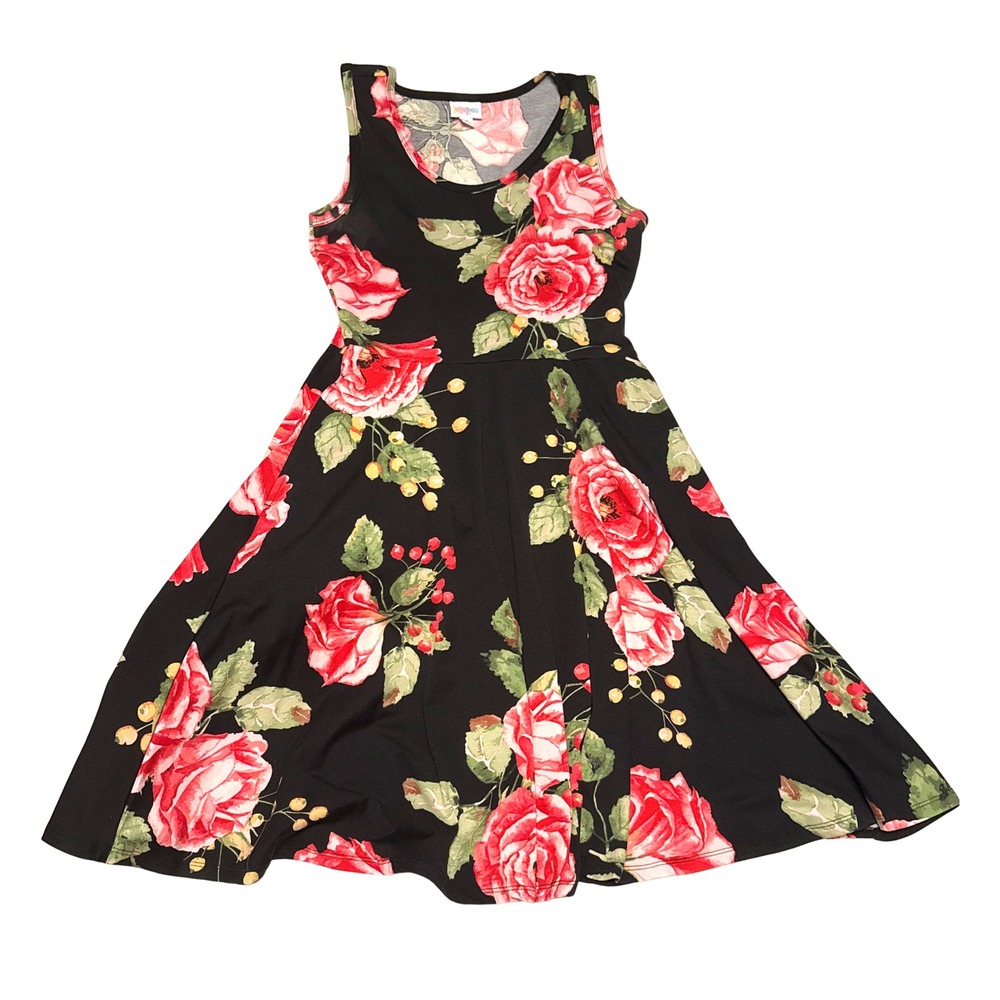 Lularoe Nicki Dress Womens M Black Red Floral Rose A-Line Sleeveless Fit Flare